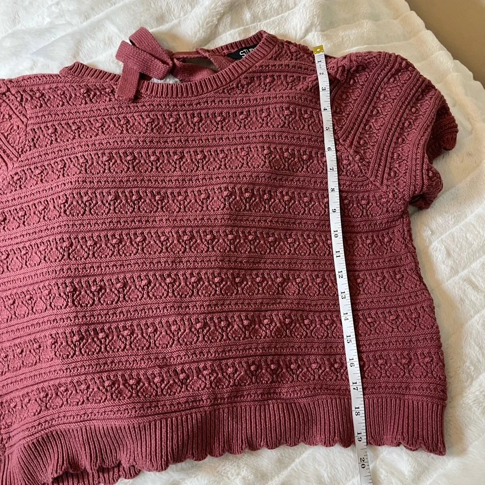 Women’s XL Dusty Rose Red Open Back Cropped Fall Spring Short Sleeve Sweater